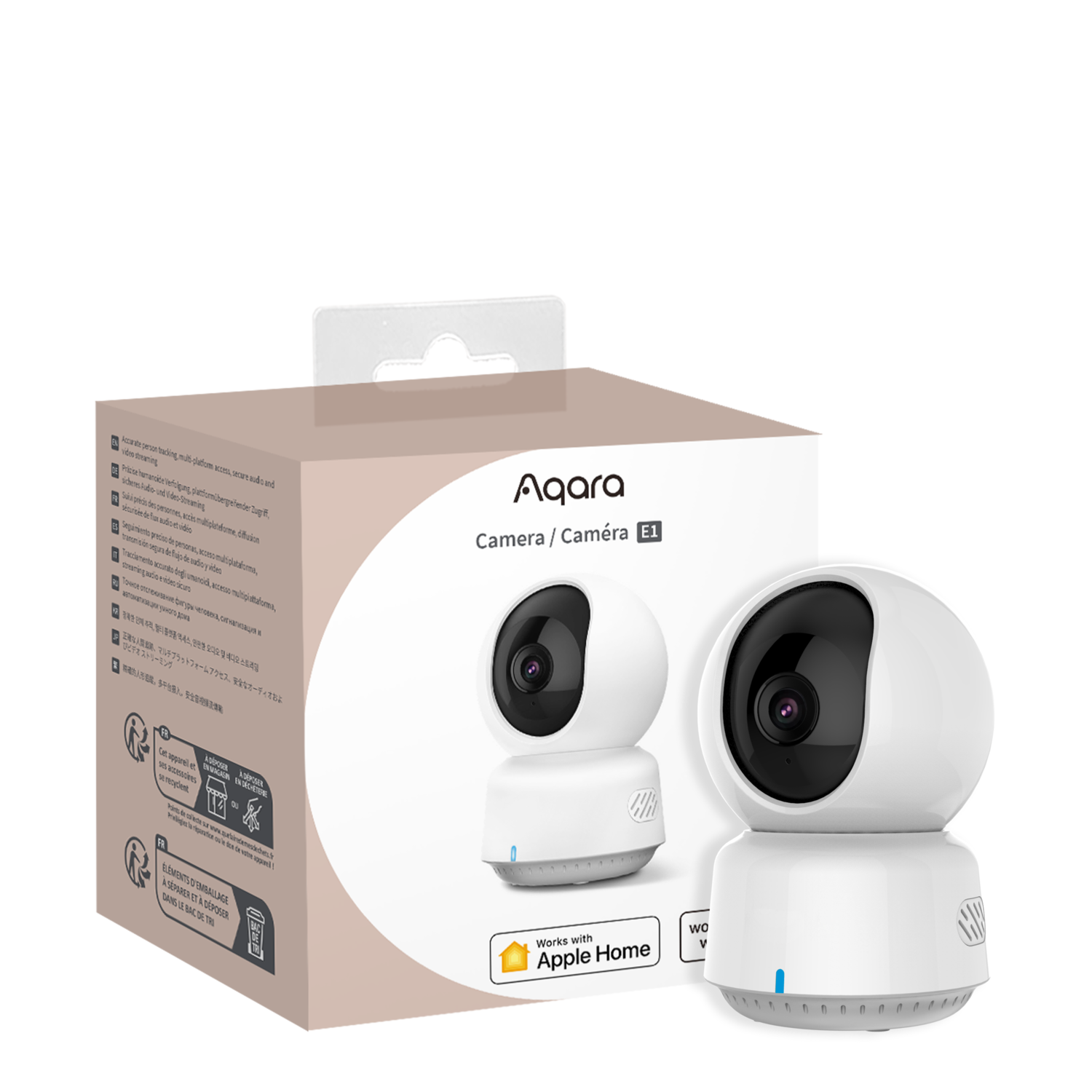 A white Aqara camera on a box, with text and icons. The camera has a rotating head and sits on a white base.