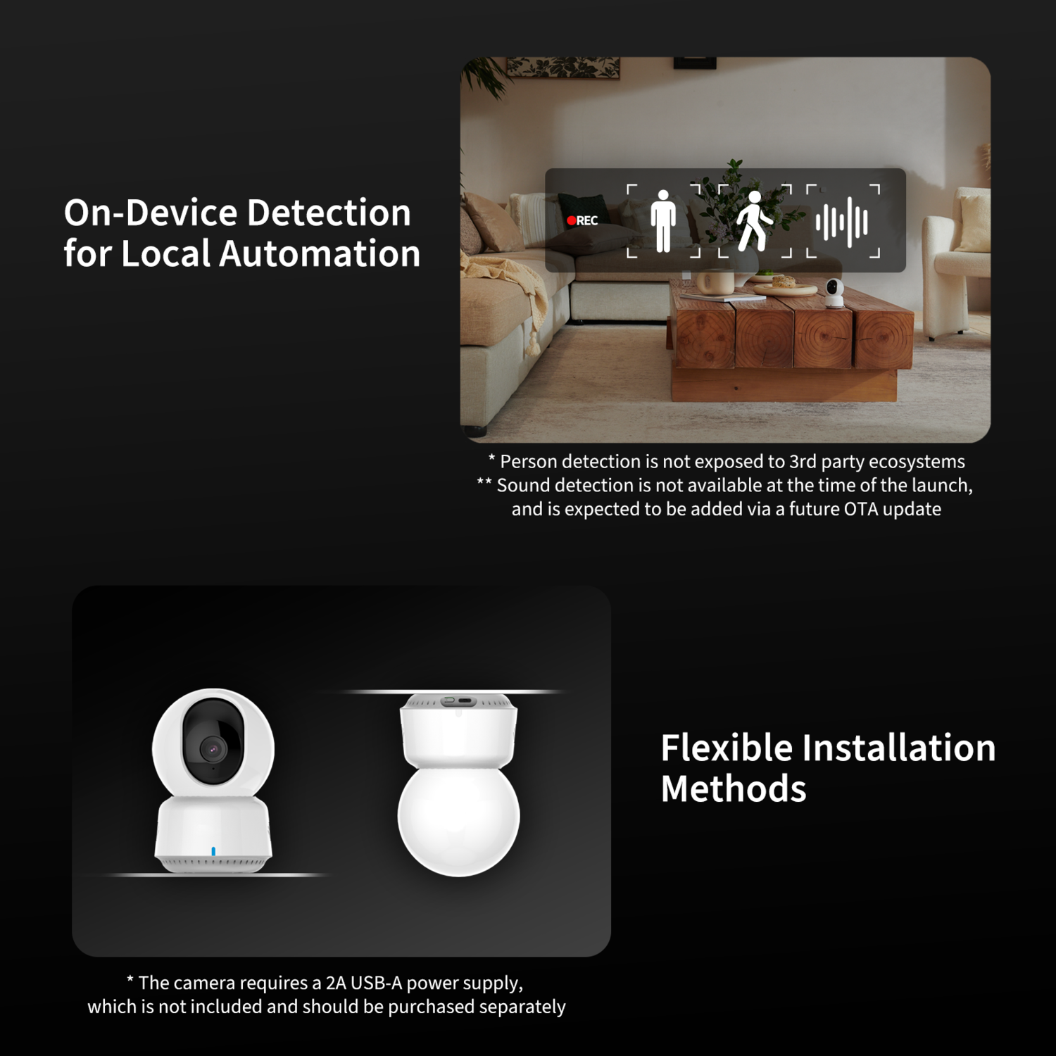 Image shows security camera features: on-device detection, flexible installation. Includes icons for person and sound detection. Two camera models are shown.