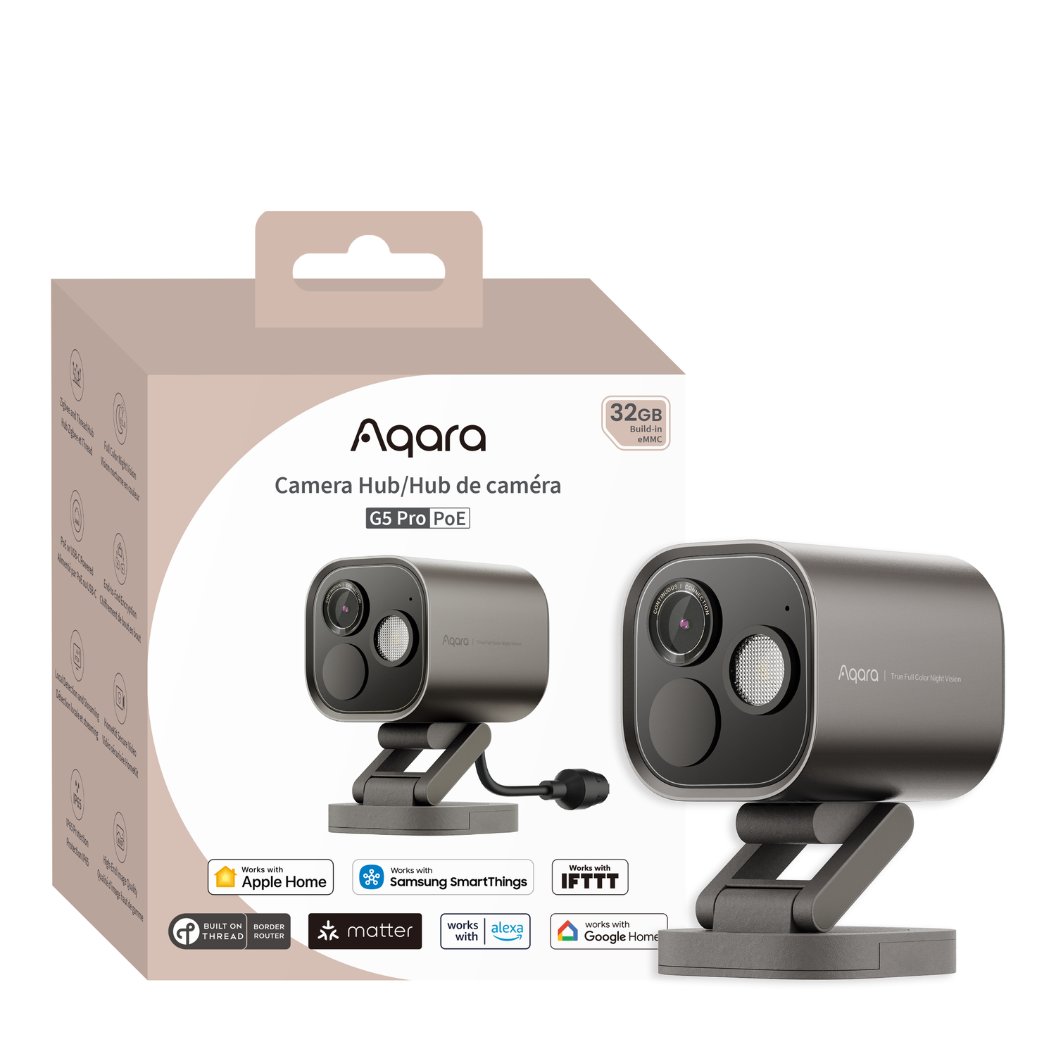 Aqara G5 Pro PoE camera on a white background. It has a box, camera, and logos for Apple Home, SmartThings, IFTTT, and Google Home.