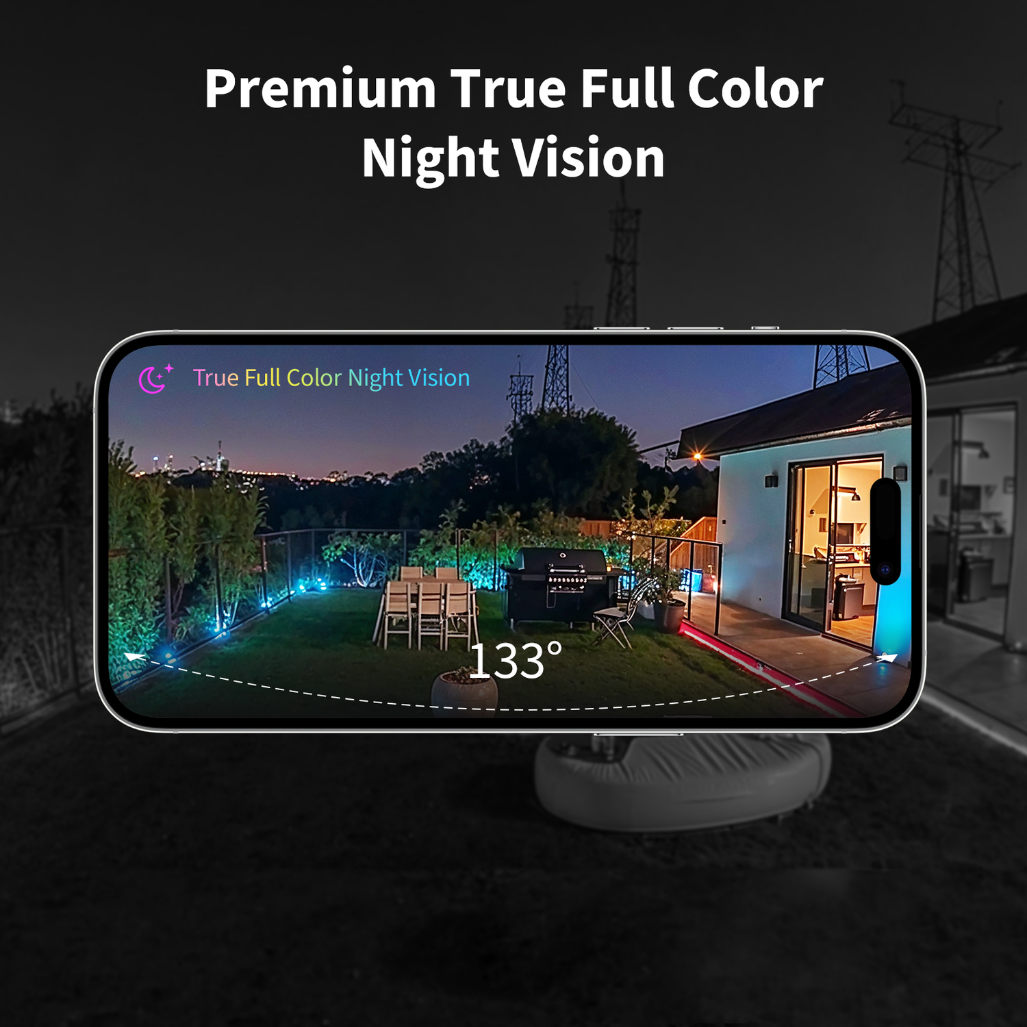 A phone displays a backyard at night. A grill, table, chairs, and house are visible. Text: Premium True Full Color Night Vision.