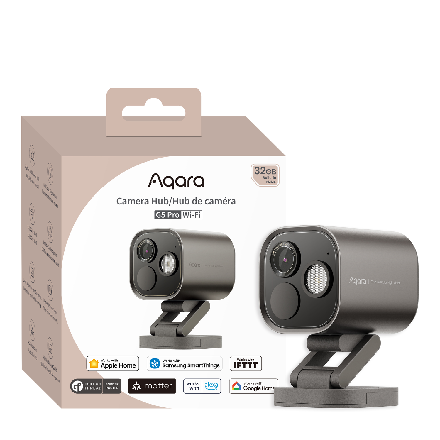 Aqara G5 Pro Wi-Fi camera. Gray camera on a stand, with the box in the background. Features include Apple Home, Samsung SmartThings, and Alexa.