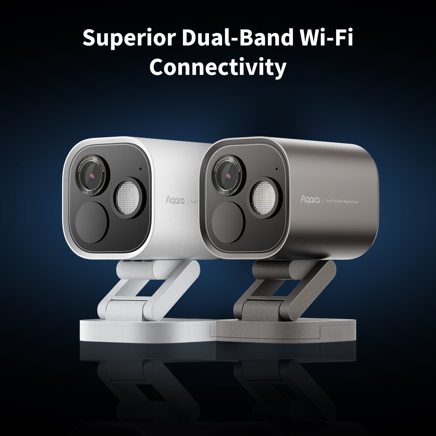 Two security cameras side by side. One is white, the other is gray, both with black camera lenses, on a dark blue background.