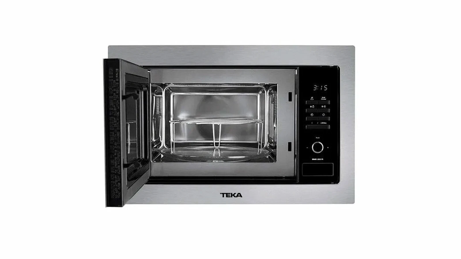 Un horno microondas empotrado con la puerta abierta. Es de acero inoxidable con una puerta negra y un panel de control. La marca es Teka.
