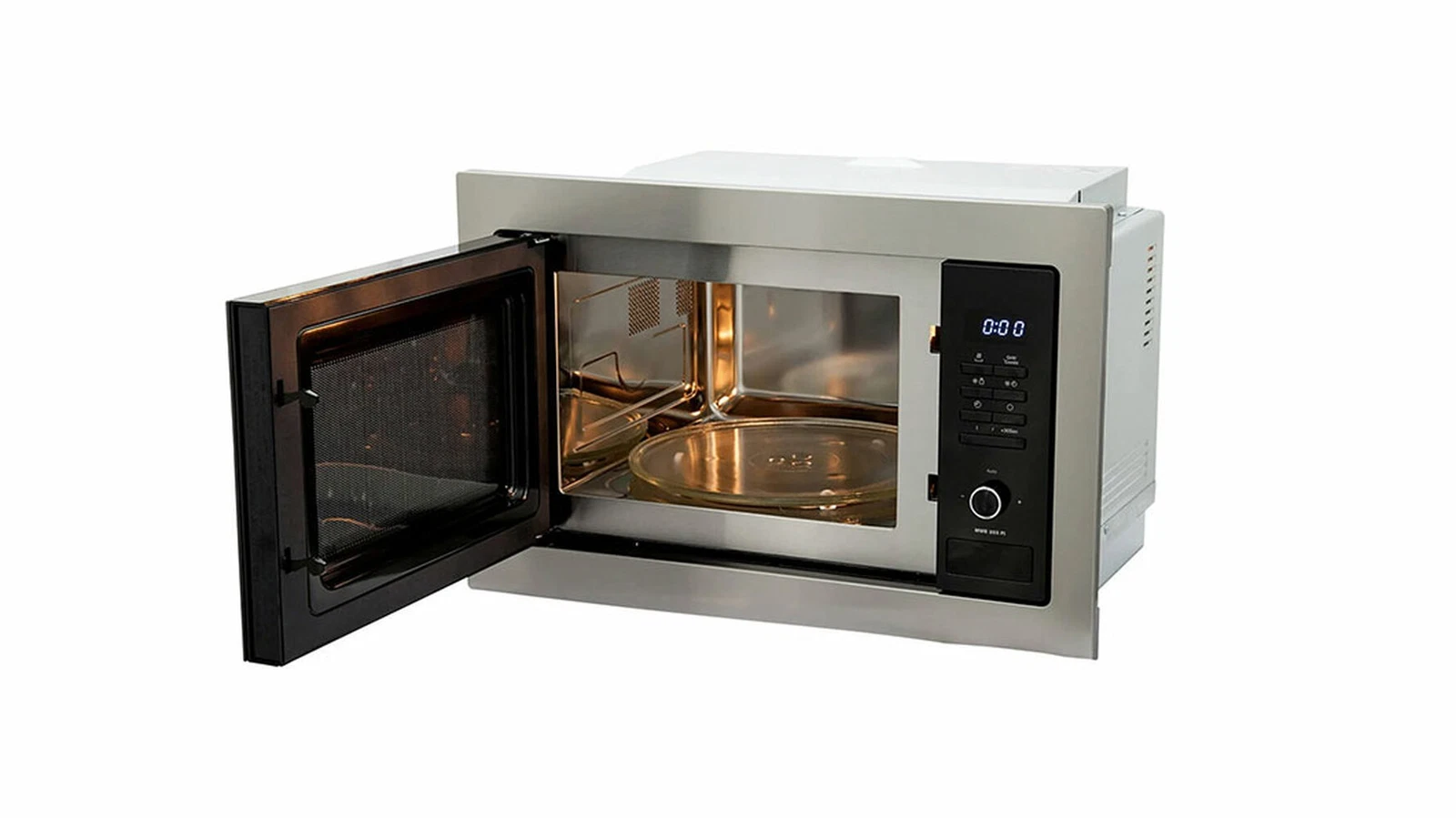 Un horno microondas de acero inoxidable con la puerta abierta. Se ve un plato de cristal en el interior. El panel muestra 0:00.