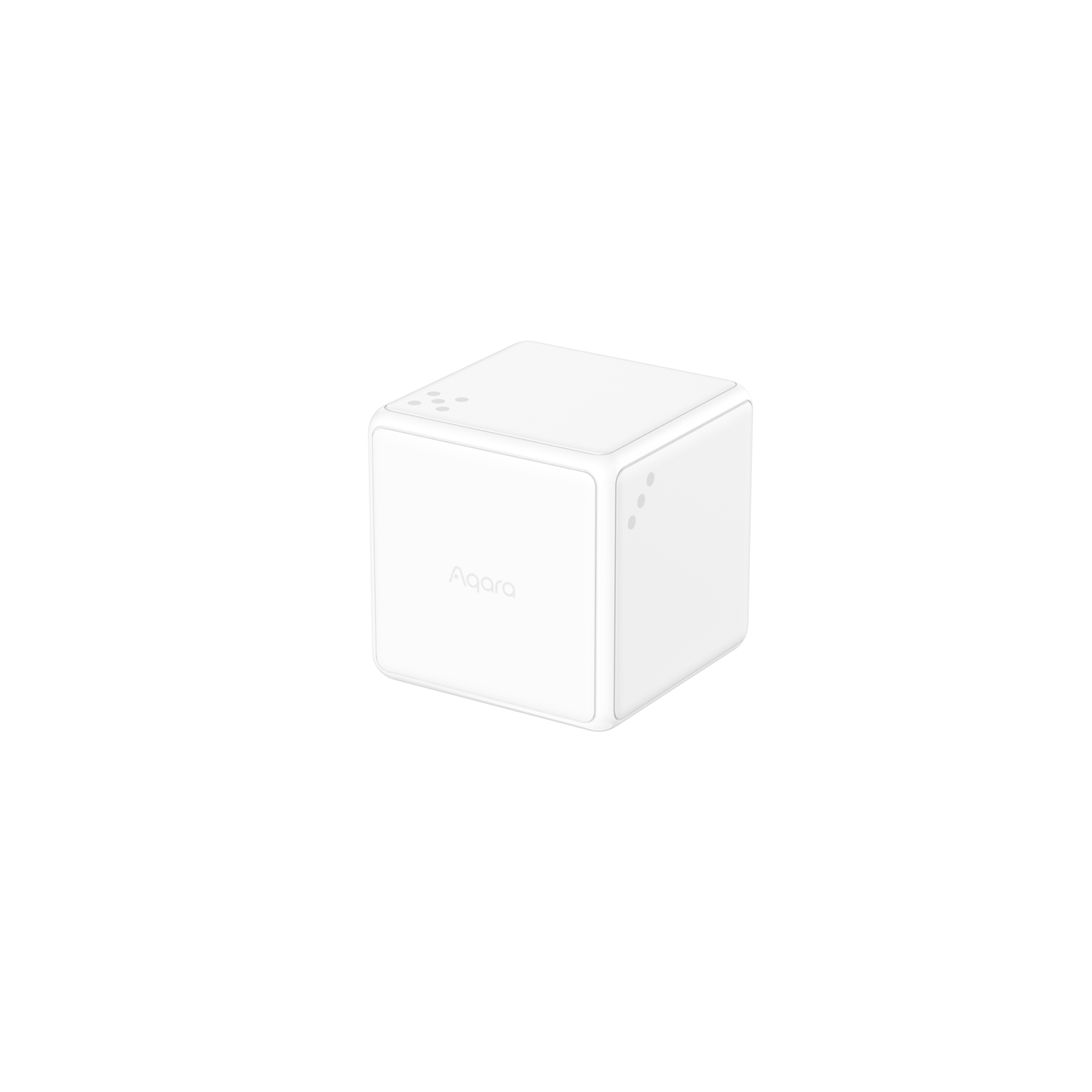 Un appareil blanc en forme de cube Aqara sur fond noir. Il a des coins arrondis et de petits trous sur les côtés.