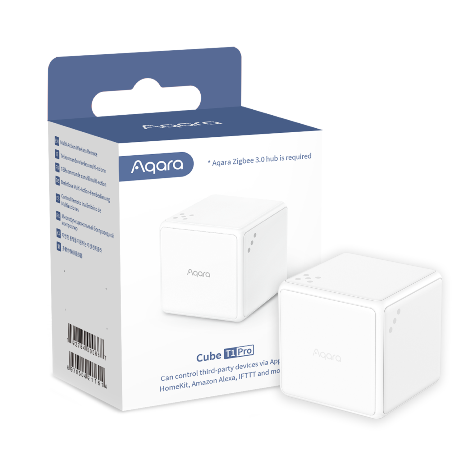 Une boîte et un appareil Cube T1 Pro Aqara blancs. La boîte énumère les fonctions et le cube porte le logo Aqara.