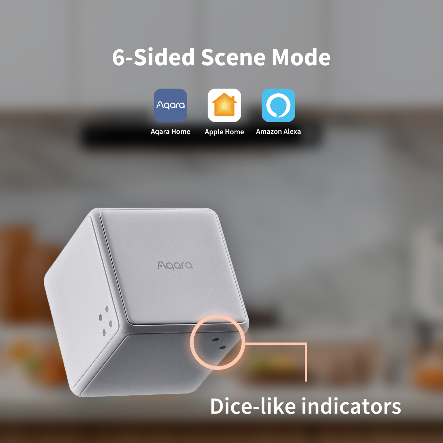 Un cube blanc avec des indicateurs en forme de dés, le logo Aqara et des icônes pour Aqara Home, Apple Home et Amazon Alexa.