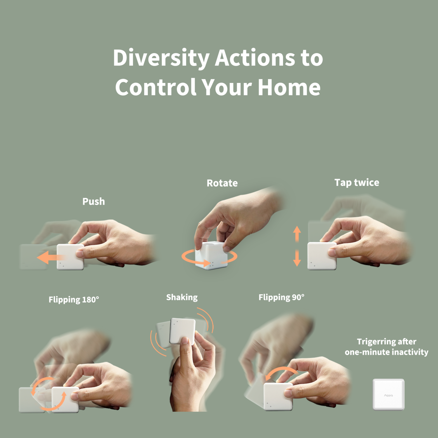 L'image montre les actions pour contrôler un appareil domestique intelligent : pousser, faire pivoter, tapoter, retourner, secouer. Un appareil blanc est montré avec des gestes de la main.