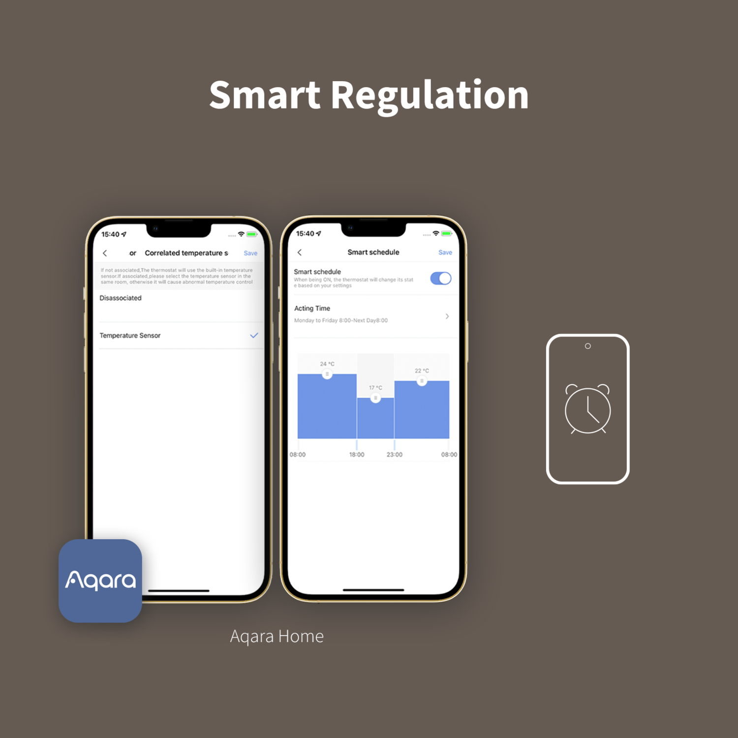 Two phones display smart home app interfaces. One shows temperature sensor settings, the other a temperature schedule. A clock icon is on the right.