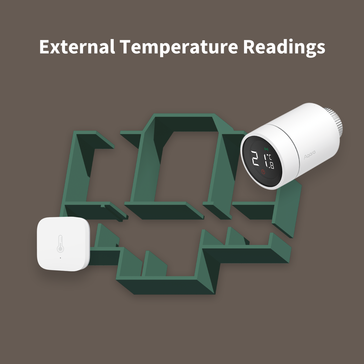 Image shows a white thermostat, a green house outline, and a small white temperature sensor, all on a brown background.