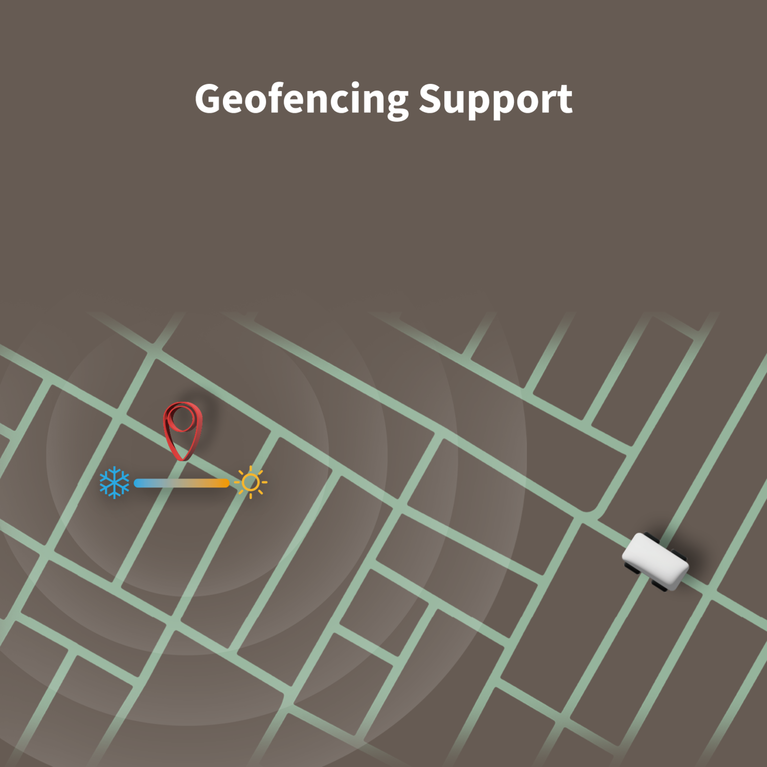 Map illustration with a location pin, temperature scale, and a car. The text 'Geofencing Support' is at the top. 