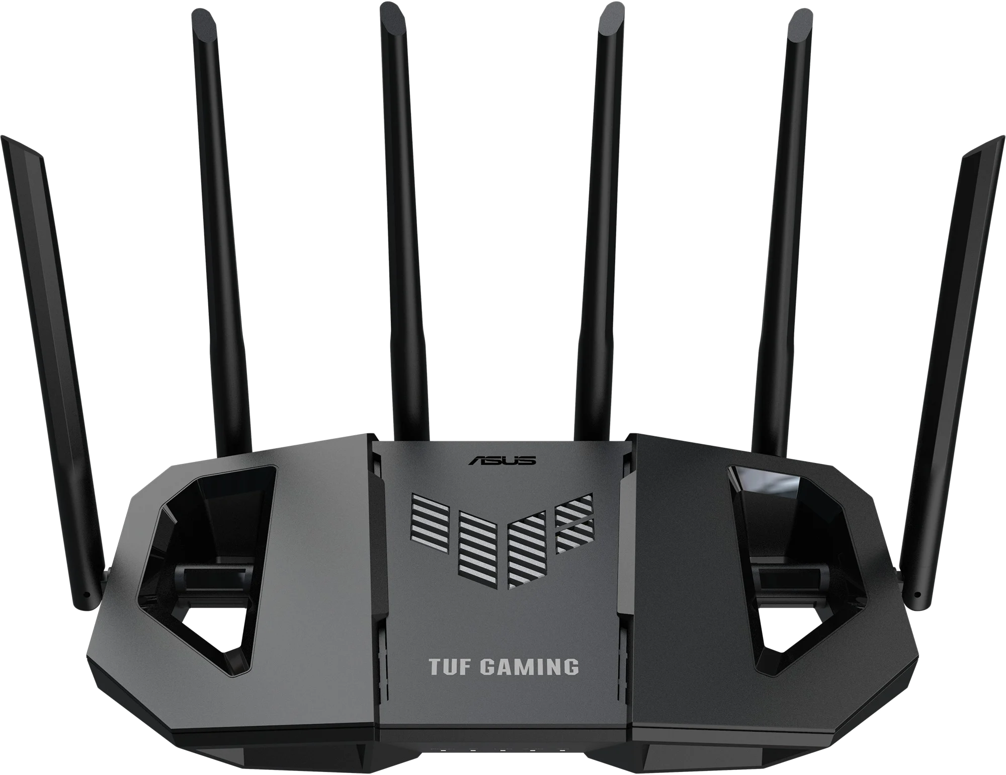Egy fekete ASUS TUF Gaming router több antennával fehér háttér előtt. A router egyedi dizájnnal rendelkezik.