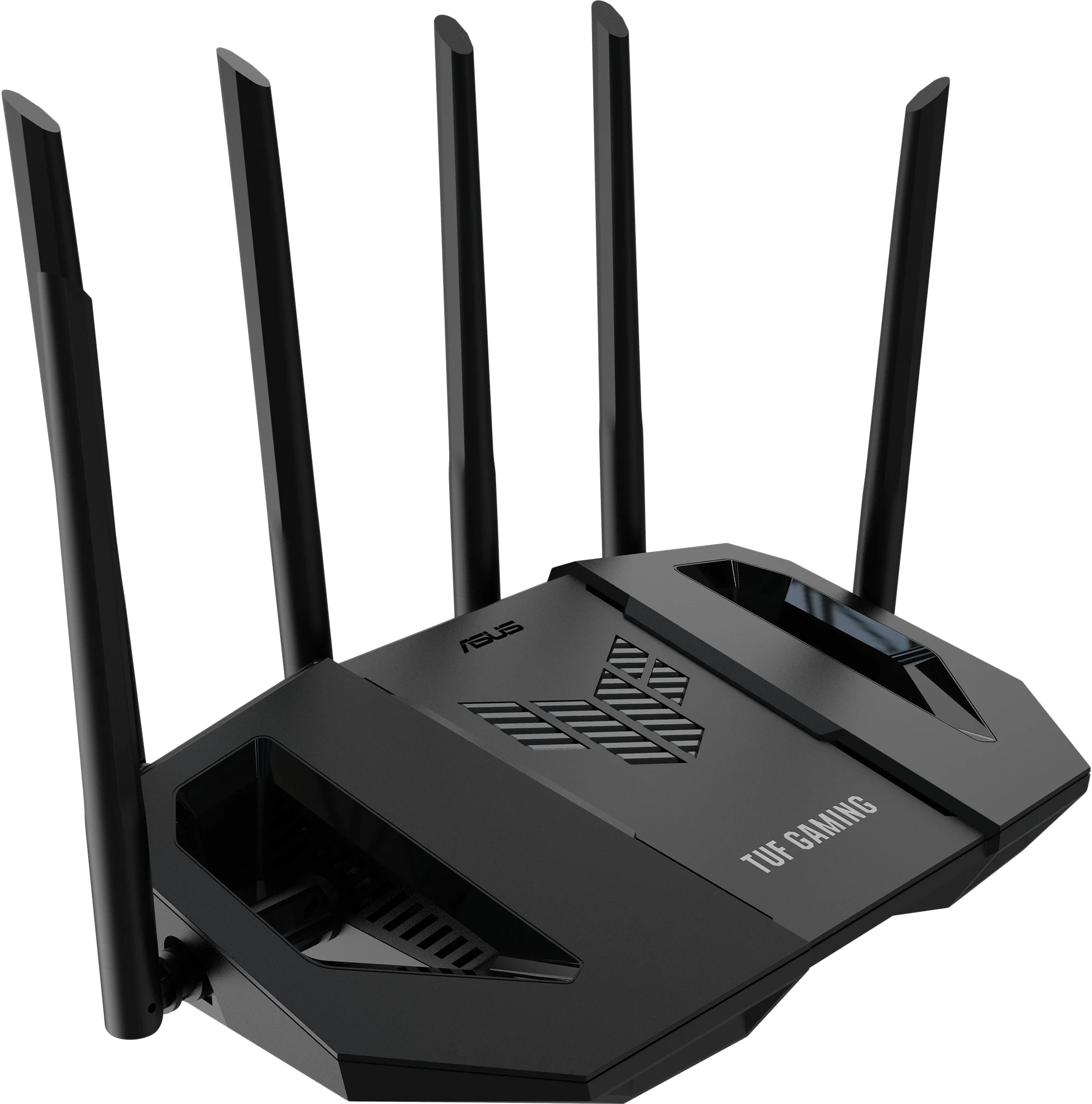 Fekete ASUS TUF Gaming router 5 fekete antennával. A router geometriai kialakítású, és látható az ASUS logó.