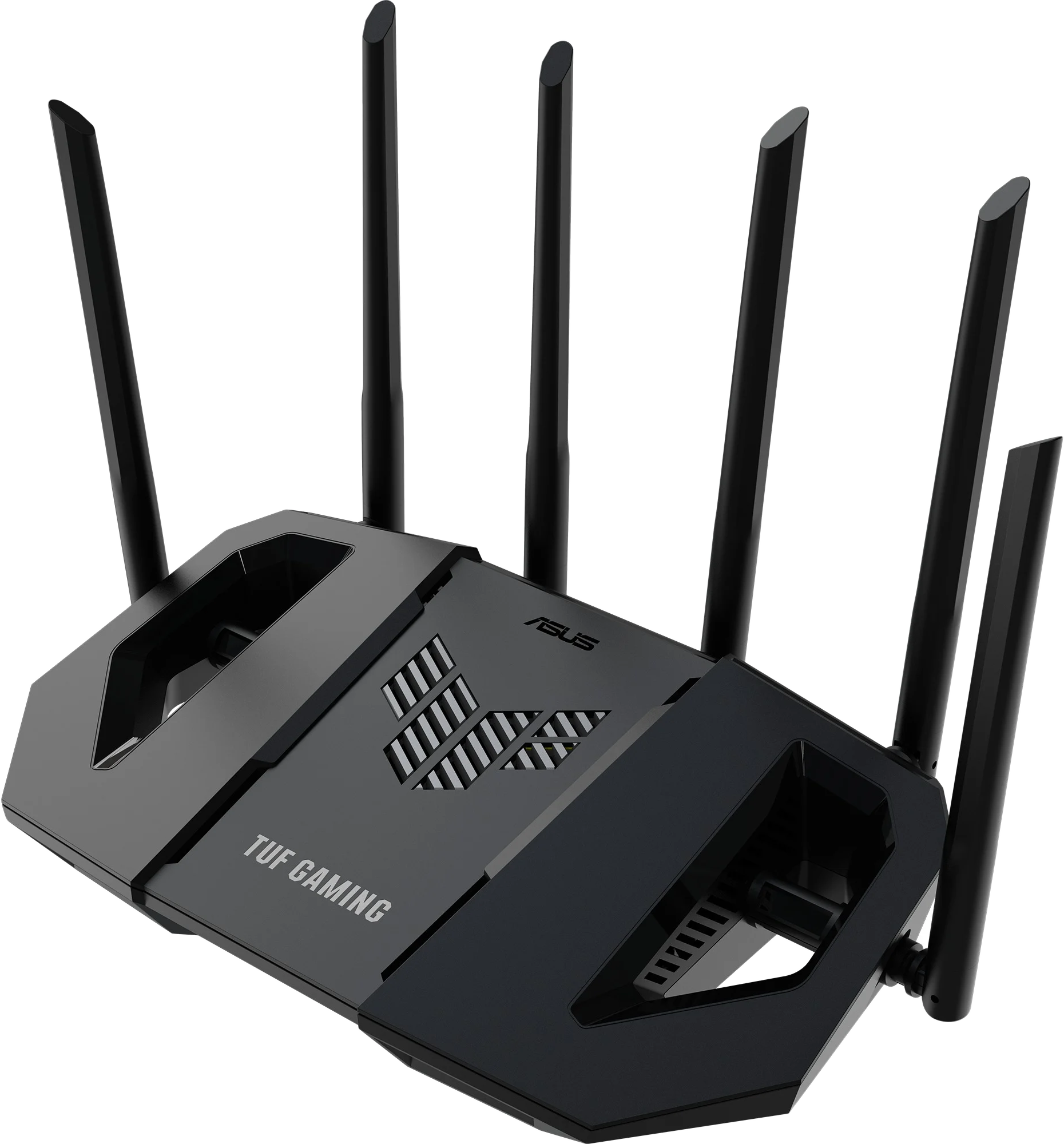 Fekete ASUS TUF Gaming router hat antennával. A router elegáns, szögletes kialakítású, és látható az ASUS logója.