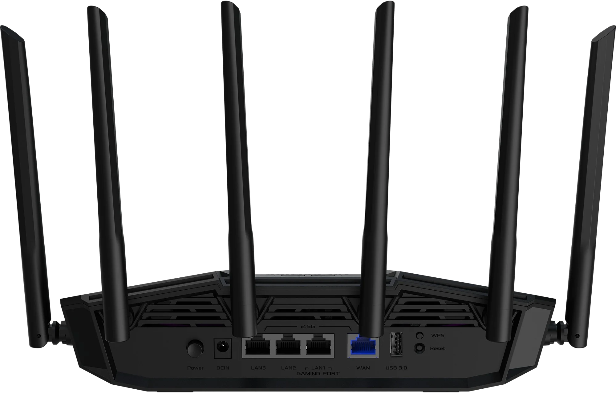 Fekete router hat antennával. Portok: LAN, WAN, USB. WPS és Reset gombok láthatók.