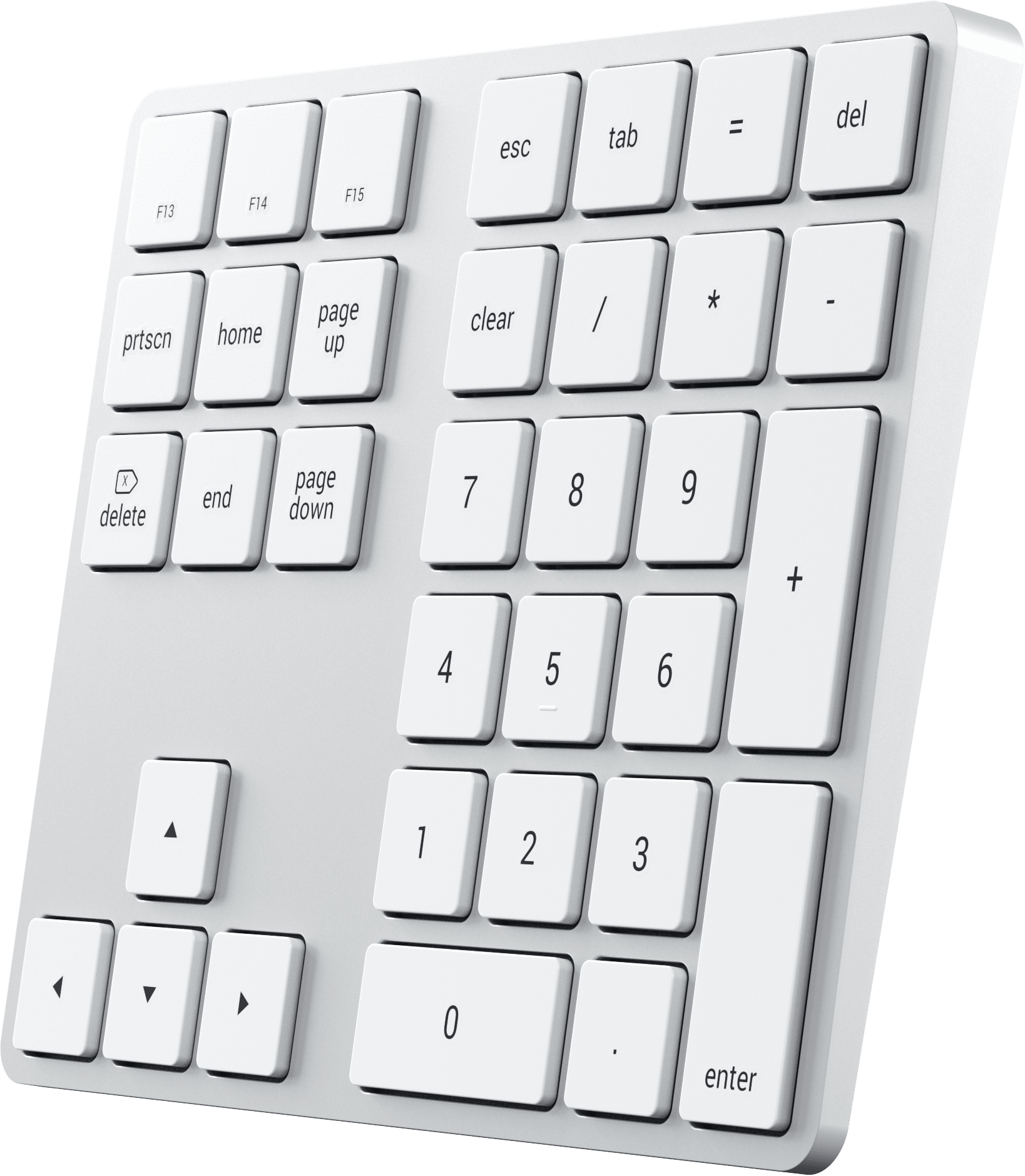 Fehér numerikus billentyűzet funkciógombokkal, számokkal és szimbólumokkal. A háttér zöld.