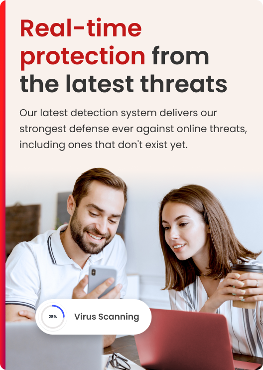 Un uomo e una donna guardano un telefono e un laptop. Il testo dice 'Protezione in tempo reale dalle ultime minacce' e 'Scansione virus'.
