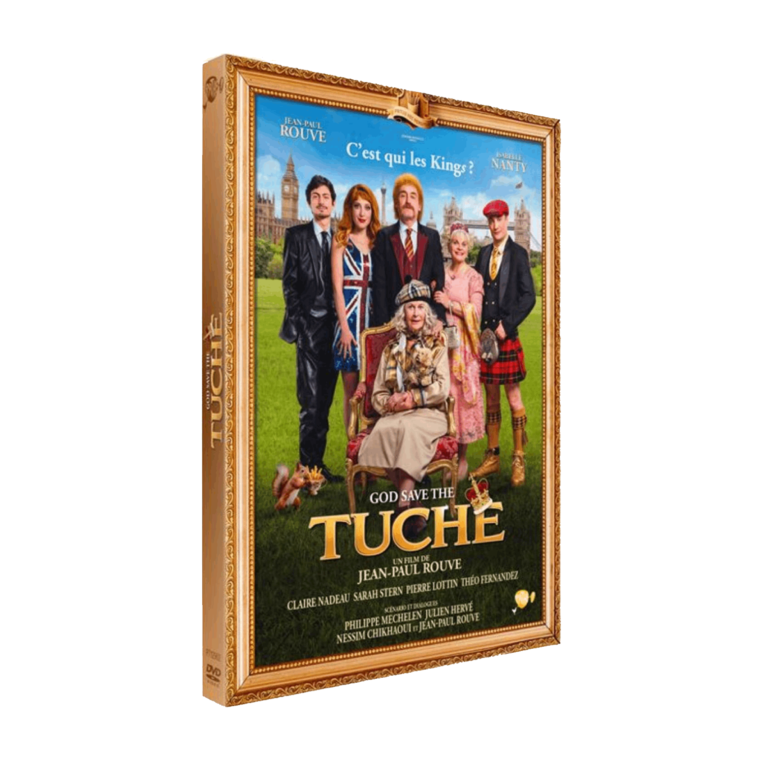 DVD-hoes. Een gezin staat voor een Londense achtergrond. De titel luidt "God Save The Tuche". Het heeft een gouden lijst.