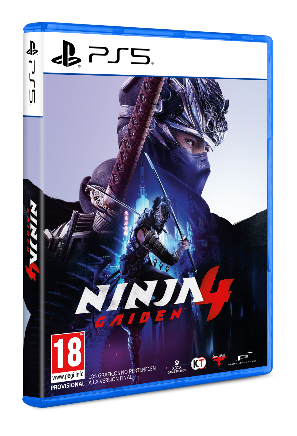 Caja de juego PS5. Ninja Gaiden 4. Un ninja con una espada está en la portada. La caja es azul.
