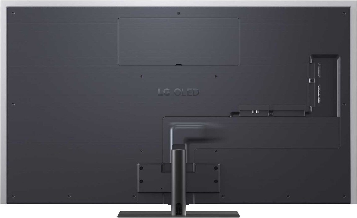 Retro di un TV LG OLED. Pannello grigio scuro con varie sezioni, porte e supporto.