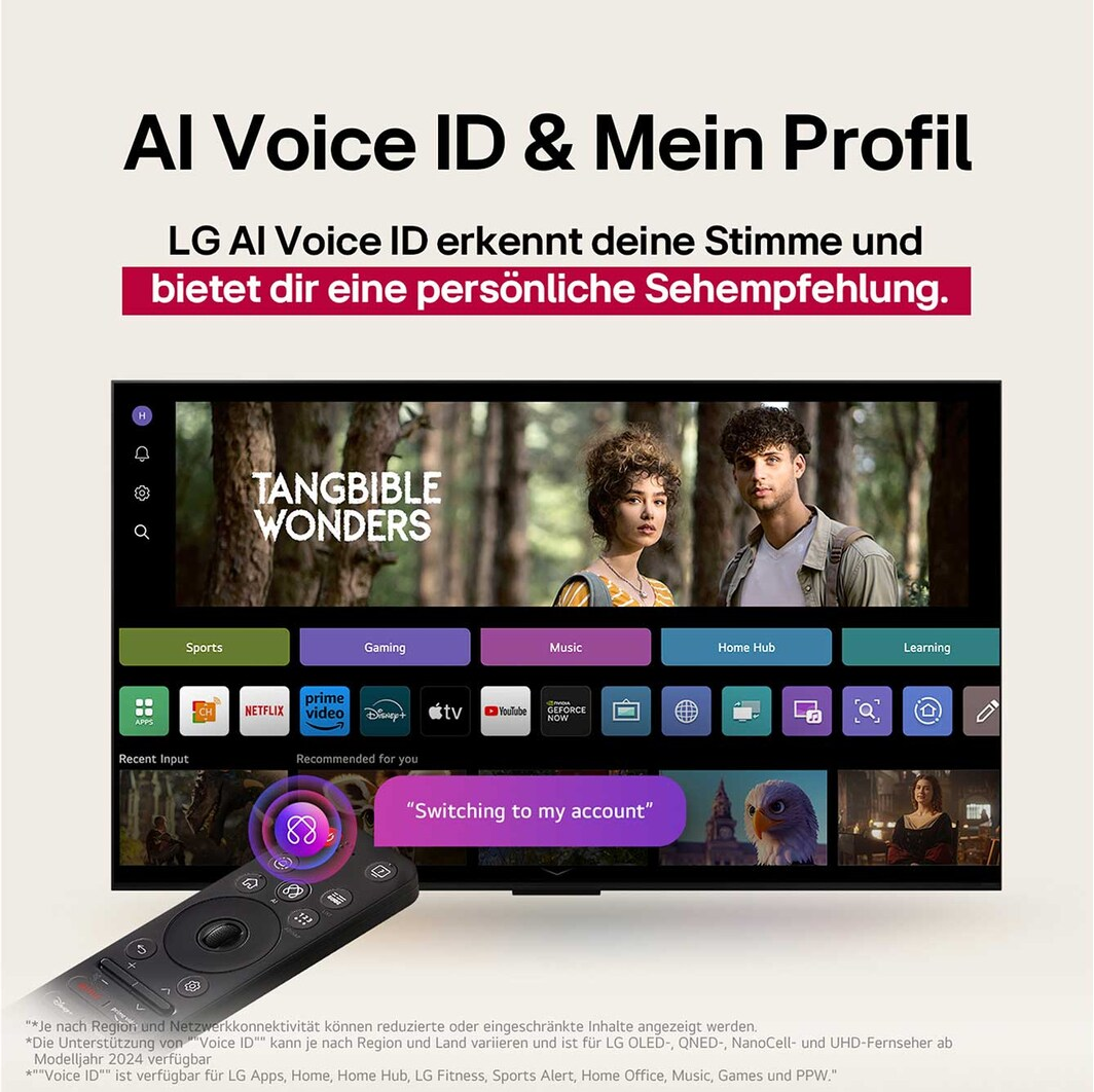 Uno schermo TV con AI Voice ID, un telecomando e una coppia in una foresta. Lo schermo mostra icone di app e un messaggio.