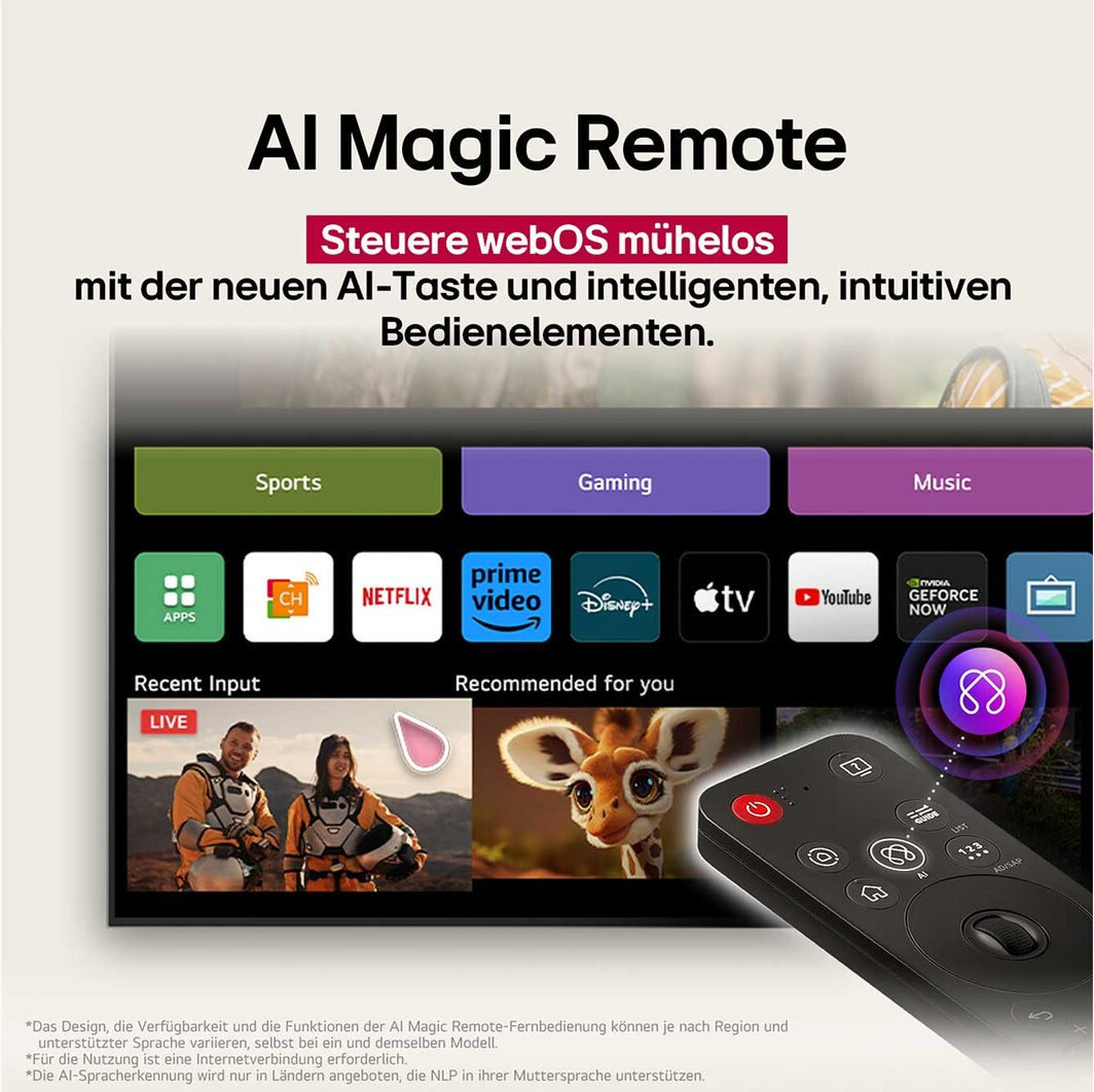 Un telecomando con pulsanti e uno schermo che mostra icone di app e una giraffa. Il testo dice 'AI Magic Remote'.