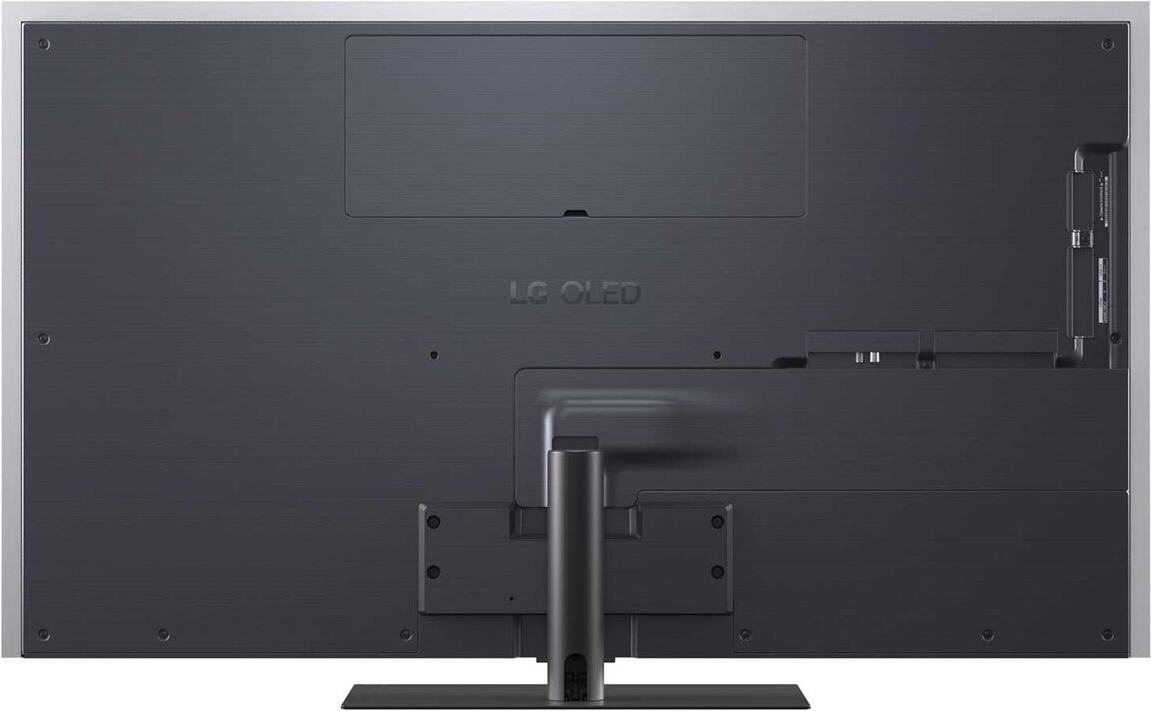 Die Rückseite eines LG OLED-Fernsehers. Es ist dunkelgrau mit einem Ständer. Das LG OLED-Logo ist vorhanden.