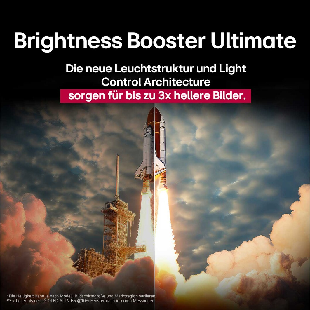 Ein Space Shuttle startet mit hellen Flammen und Rauch vor einem bewölkten Himmel. Der Text wirbt für Helligkeit.