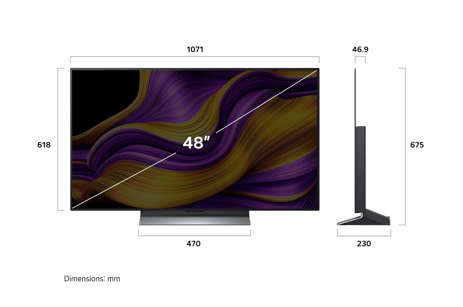 Ein 48-Zoll-Fernseher mit Abmessungen. Der Bildschirm zeigt ein abstraktes Muster in Lila und Gelb. Seitenansicht zeigt die Dicke des Fernsehers.