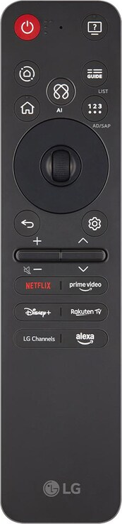 Eine schwarze LG-Fernbedienung mit Tasten für Ein/Aus, Netflix, Prime Video und Lautstärkeregelung.