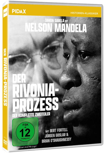 DVD-Cover mit Nelson Mandelas Gesicht. Text auf Deutsch: "Der Rivonia-Prozess." Enthält Altersfreigabe und Namen der Darsteller.