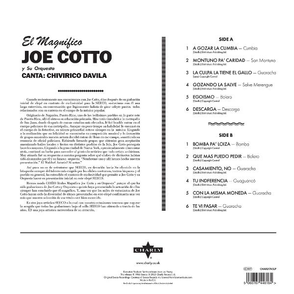 Albumcover: Joe Cotto, Orchester und Sänger Chivirico Davila. Titelliste rechts. Schwarz und Weiß.
