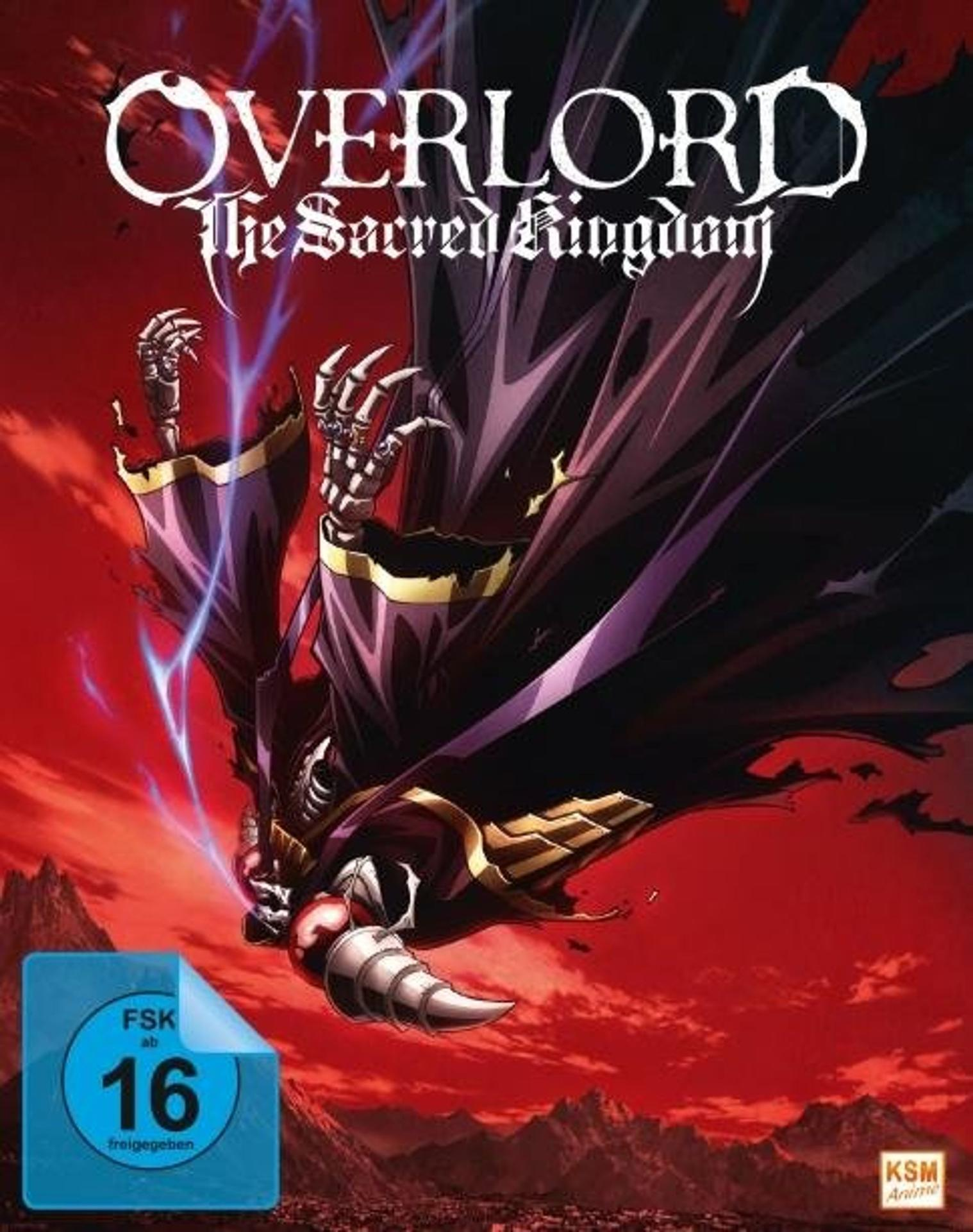 Overlord Anime-Cover. Eine skelettartige Figur mit Umhang vor rotem Hintergrund. Text lautet 'Overlord The Sacred Kingdom'.