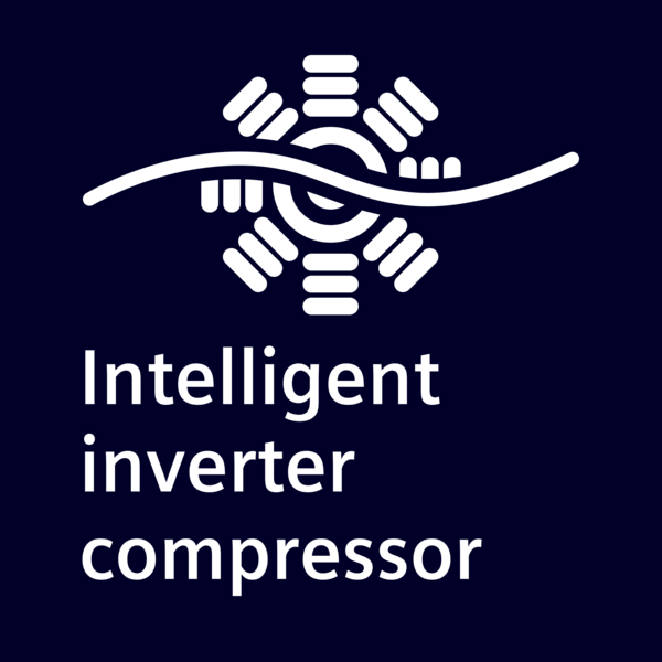 Koyu mavi arka planda beyaz stilize dişli çark ve dalga, metin: Akıllı inverter kompresör.