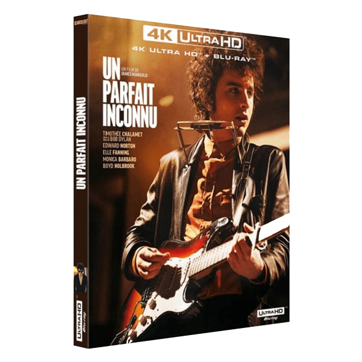 Couverture du film « Un parfait inconnu ». Timothée Chalamet joue de la guitare et de l'harmonica. Texte inclut casting et 4K Ultra HD Blu-ray.
