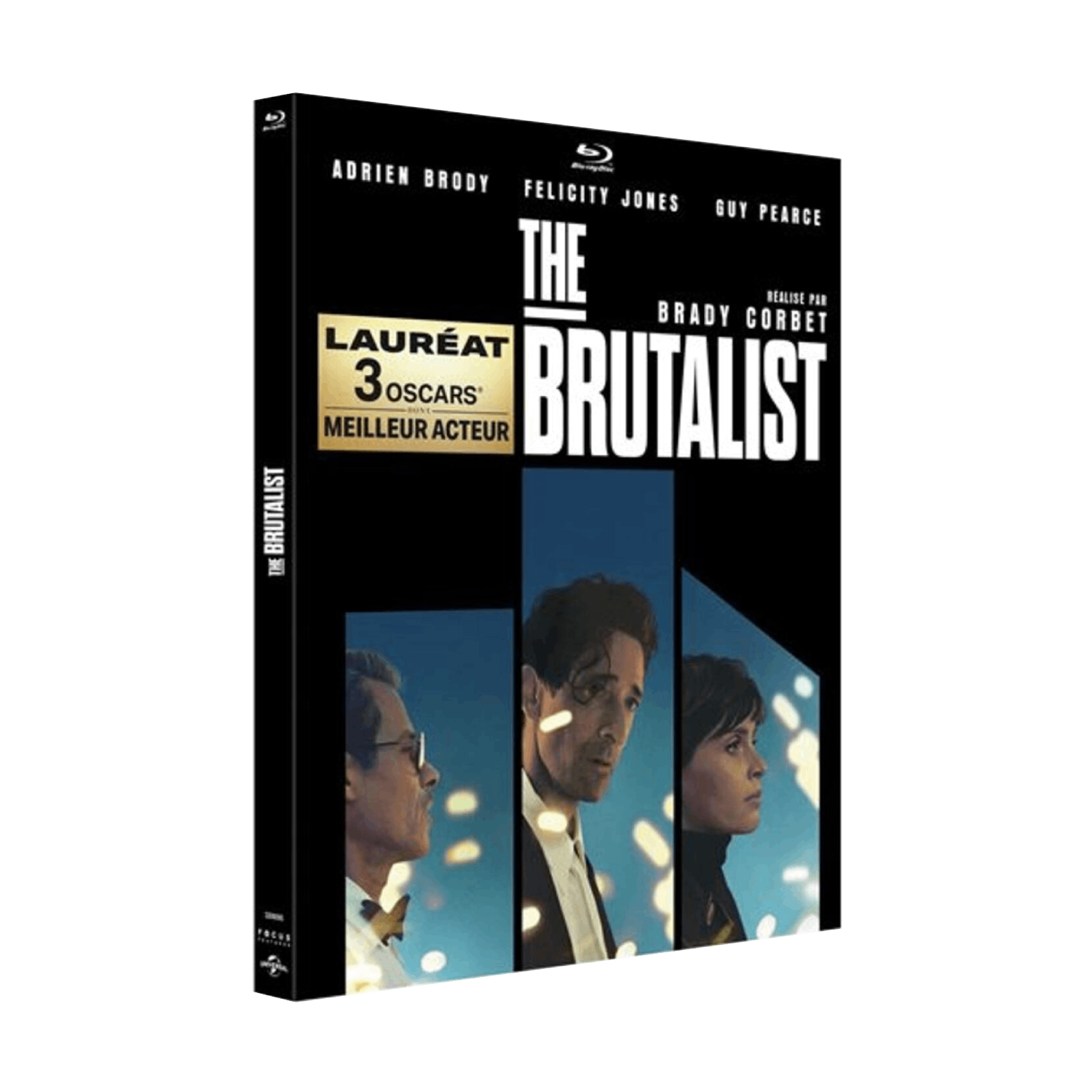 Filmposter van 'The Brutalist'. Acteurs Adrien Brody, Felicity Jones en Guy Pearce. Prijzen: 3 Oscars. Zwarte achtergrond.