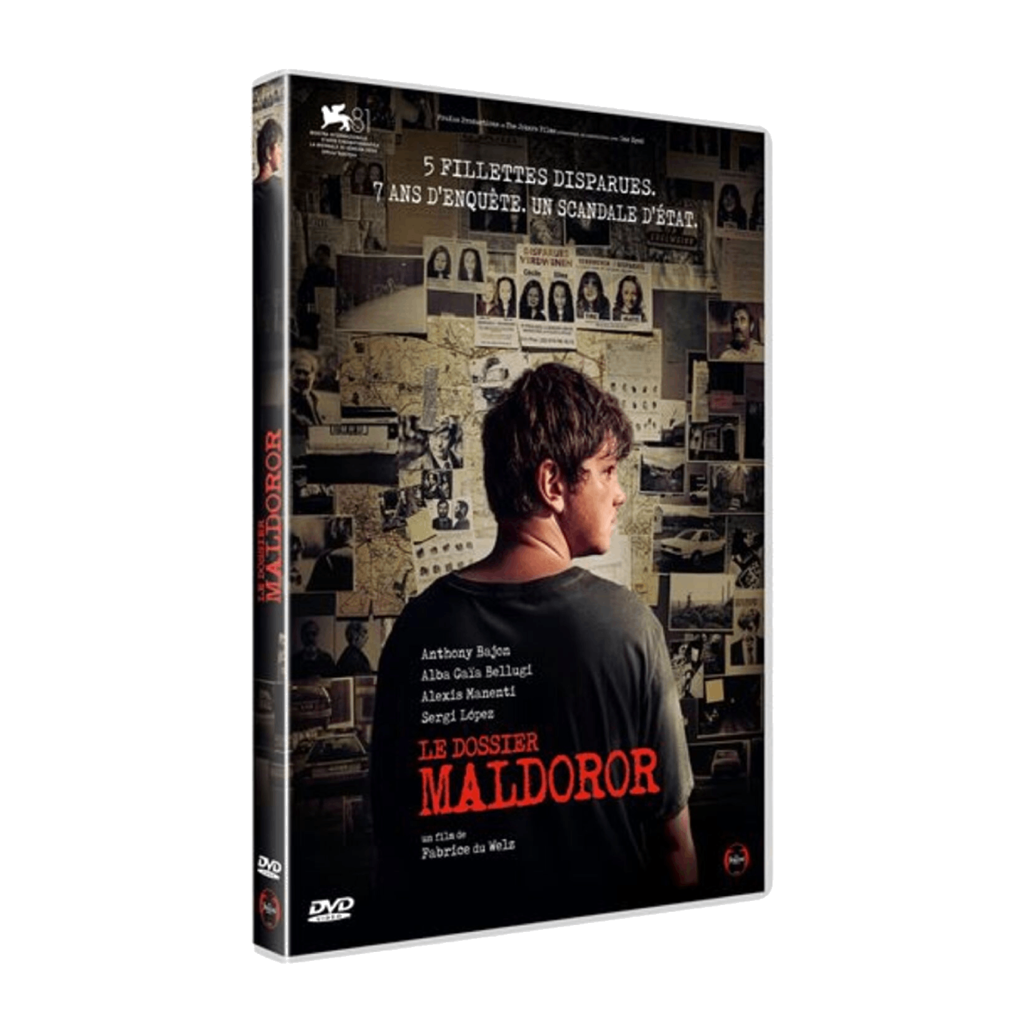 Couverture DVD de "Le Dossier Maldoror". Un garçon regarde un mur de photos. Le texte comprend le casting et le titre en rouge.