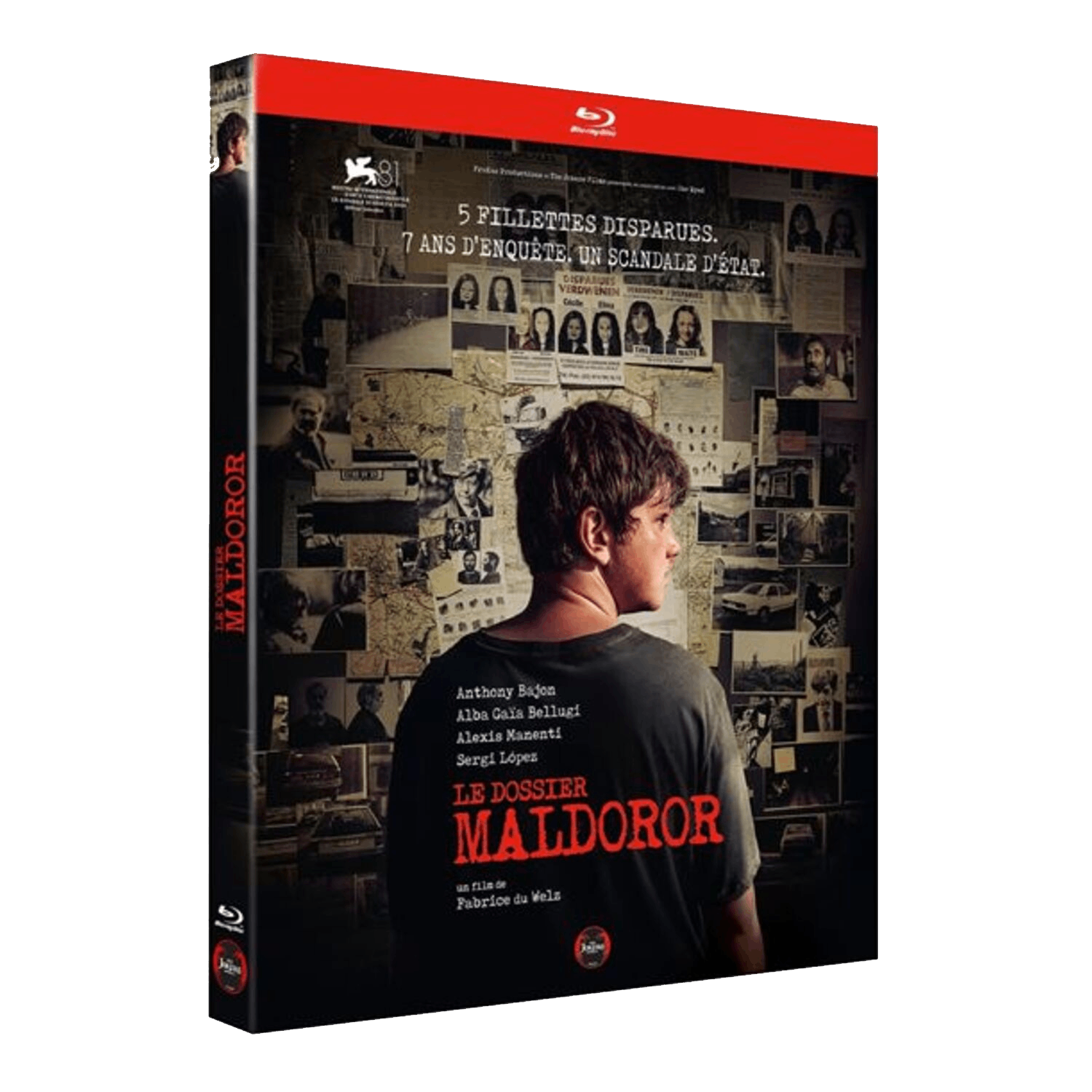 Boîtier DVD de "Le Dossier Maldoror". Le dos d'un jeune homme est face au spectateur. Le fond contient des photos et du texte liés au film.