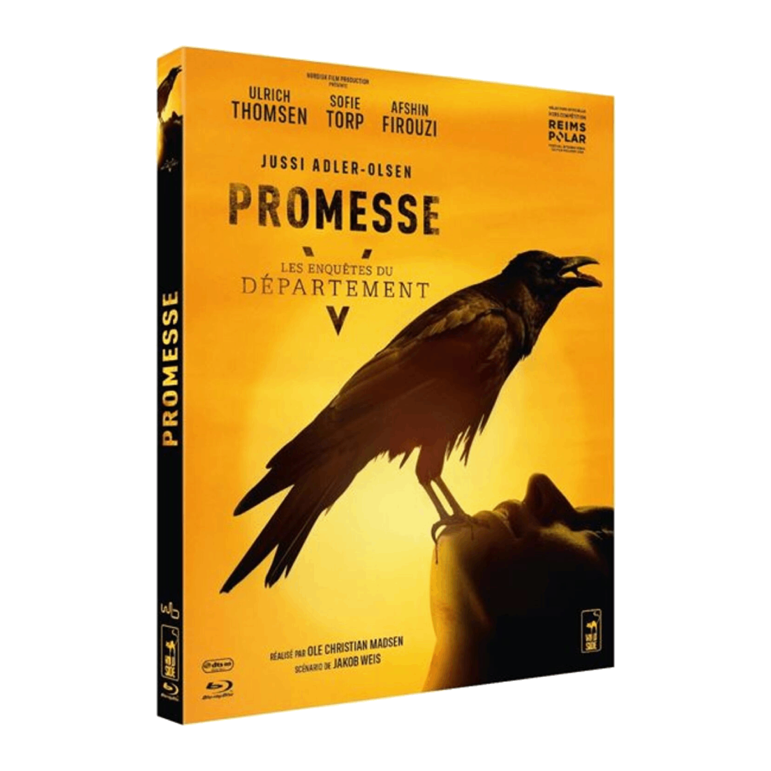 Filmposter: Een zwarte kraai op een gezicht. Titel 'Promesse' in grote letters. Oranje achtergrond met tekst.