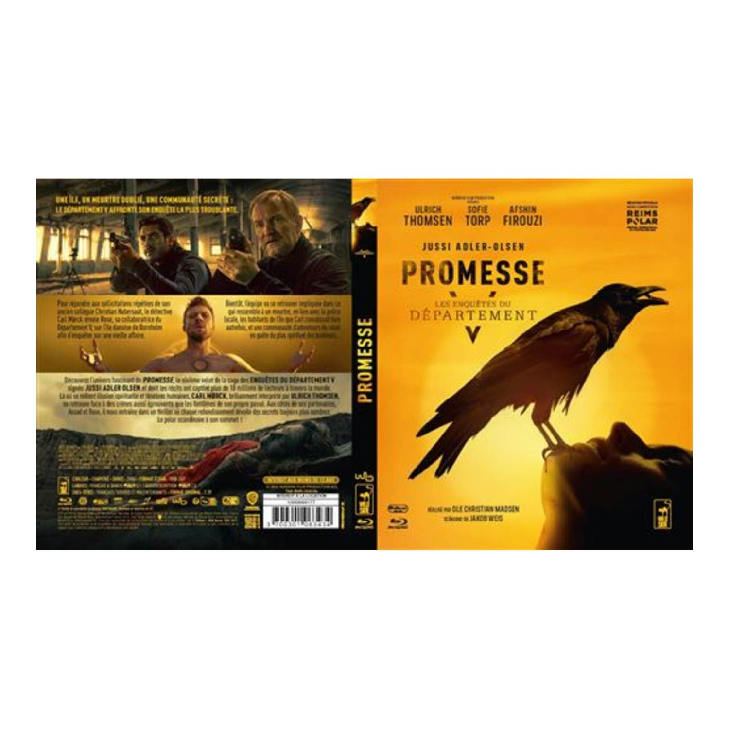 DVD-hoes. Titel: Promesse. Toont acteurs en een kraai op een gezicht. Tekst in het Frans. Donkere kleuren domineren.