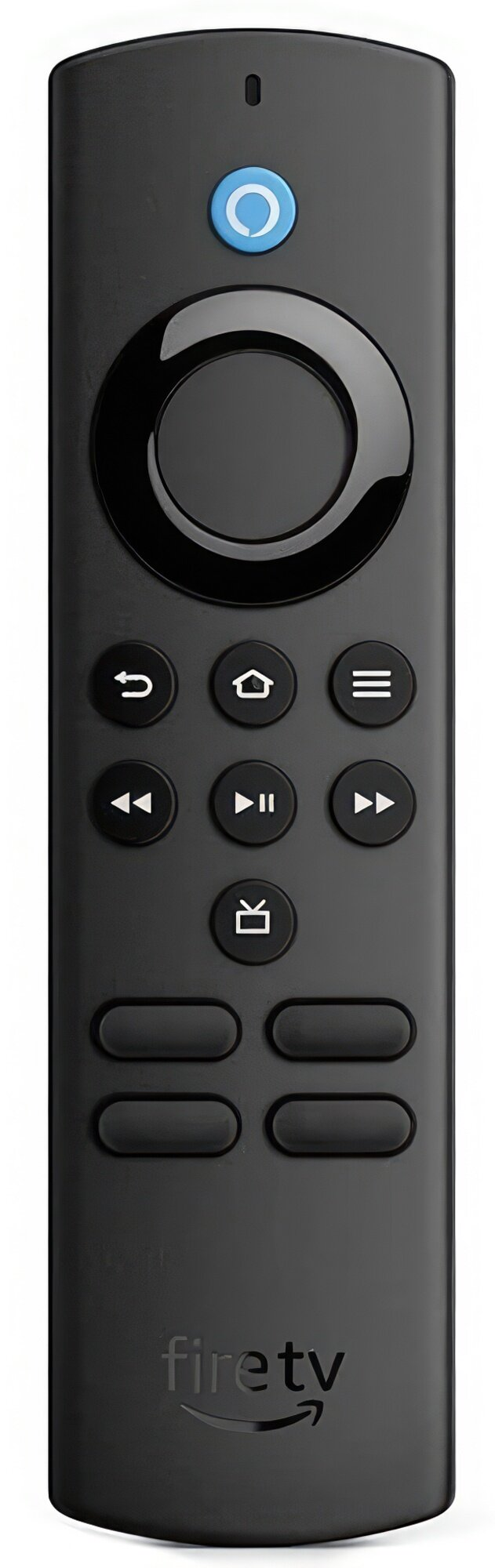 Czarny pilot Fire TV z przyciskami. U góry znajduje się przycisk Alexa. Na środku znajduje się okrągły przycisk nawigacyjny.