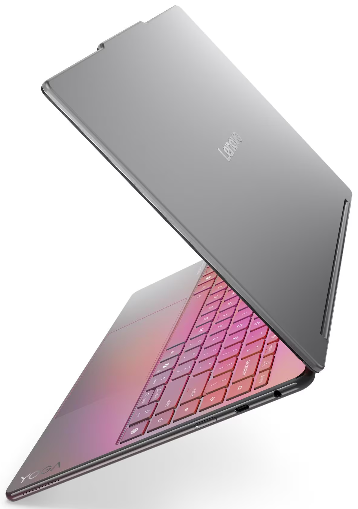Ezüst Lenovo Yoga laptop, részben nyitva. A billentyűzet rózsaszín és lila színátmenettel rendelkezik. Lenovo logó a fedélen. Fehér háttér.
