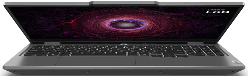 Egy szürke Lenovo laptop nyitva. A képernyő lila és piros örvénymintát mutat. A billentyűzet és a touchpad látható.