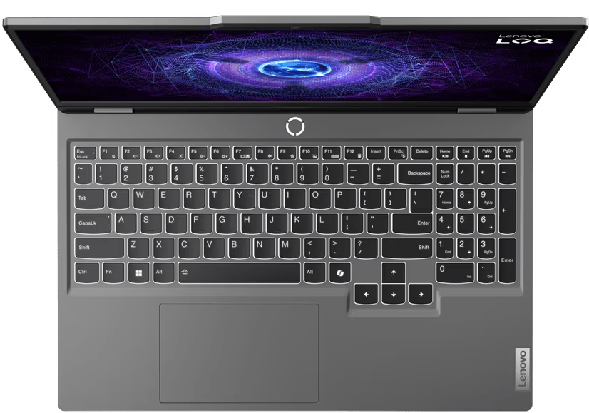 Felülnézeti kép egy szürke laptopr ól, nyitott képernyővel, lila és kék absztrakt dizájnnal; látható billentyűzet.