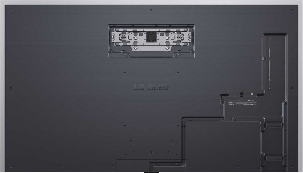 Arrière d'un téléviseur LG OLED. Comprend des supports de montage, des ports et le logo LG OLED. Finition gris foncé avec bord argenté.