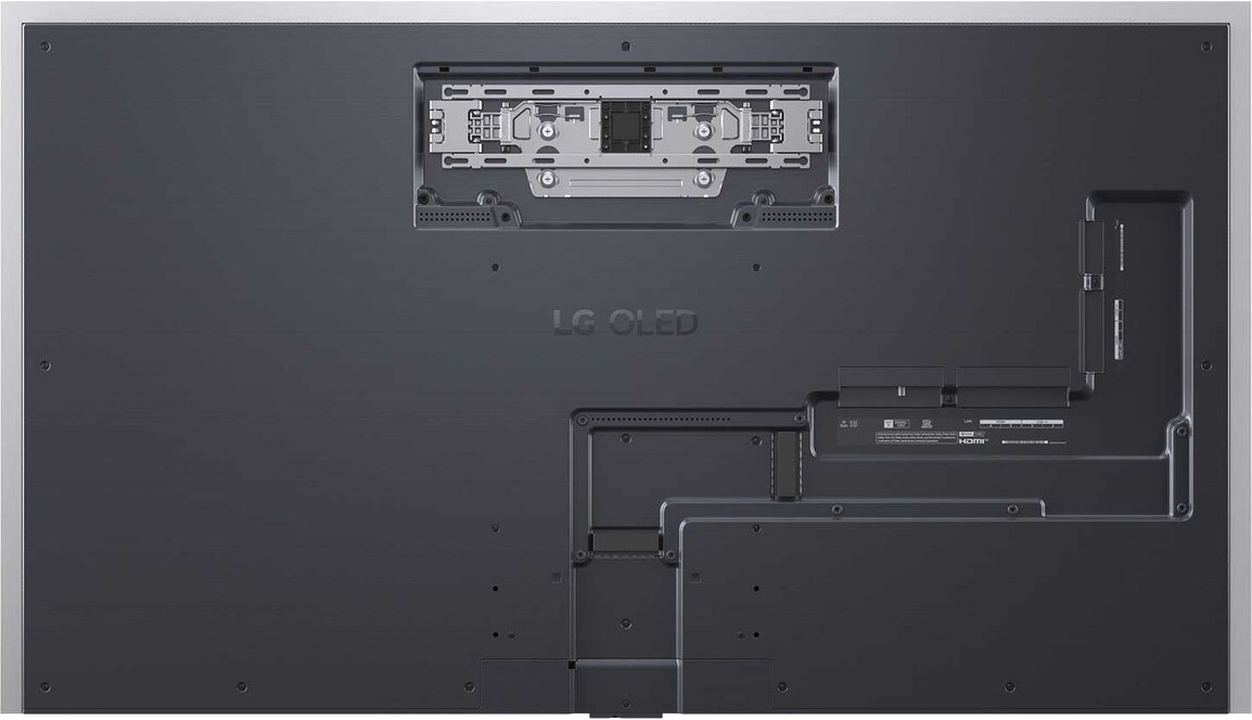 Rückseite eines LG OLED-Fernsehers. Mit Anschlüssen, Halterungen und dem LG OLED-Logo. Dunkelgrau mit silbernem Rand.