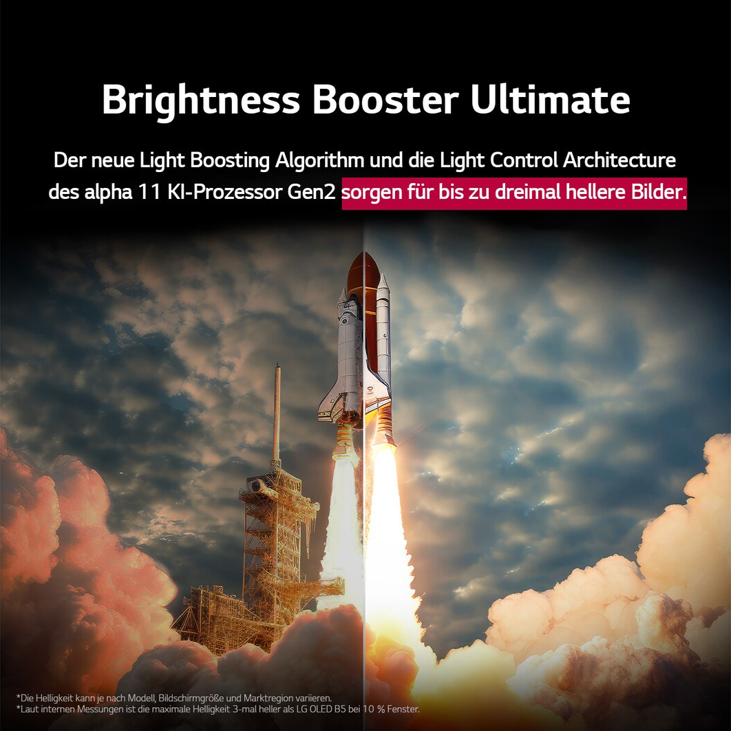 Ein Space Shuttle startet mit hellen Flammen und Rauch vor einem bewölkten Himmel. Oben steht der Text 'Brightness Booster Ultimate'.
