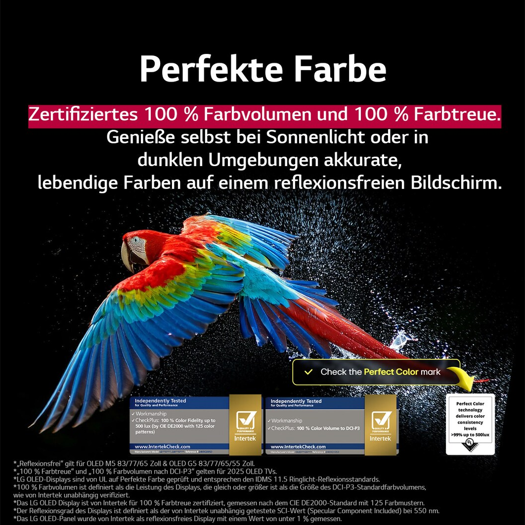 Ein Papagei mit roten, blauen und gelben Federn fliegt über den Bildschirm. Text oben: 'Perfekte Farbe'.