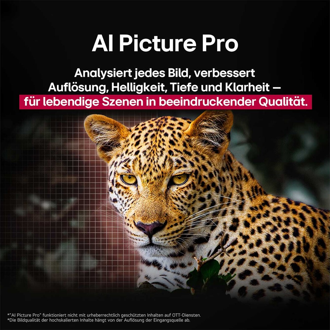 Nahaufnahme eines Leoparden mit gelben Augen und geflecktem Fell. Text: "AI Picture Pro" und Produktbeschreibung.