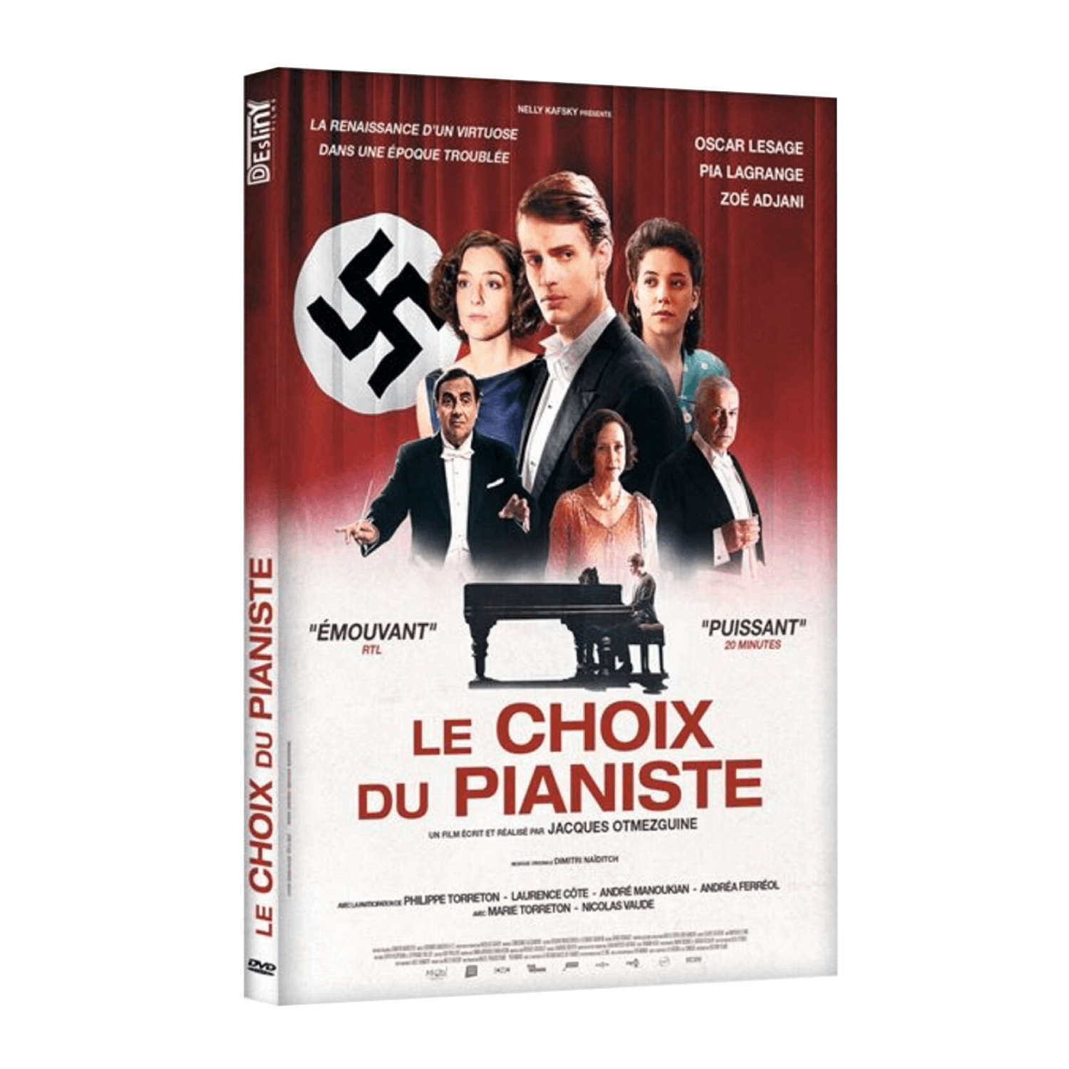 Filmposter voor "Le Choix du Pianiste." Toont acteurs, een swastika en de titel. Het is een DVD-hoesje.